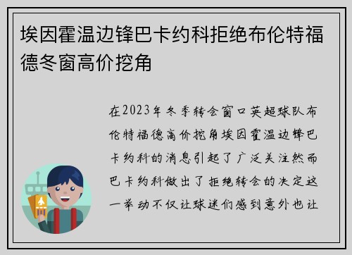埃因霍温边锋巴卡约科拒绝布伦特福德冬窗高价挖角